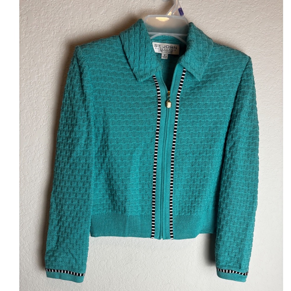 St John Collection Marie Gray Teal Knit Zip Jacket Striped Trim Size 2